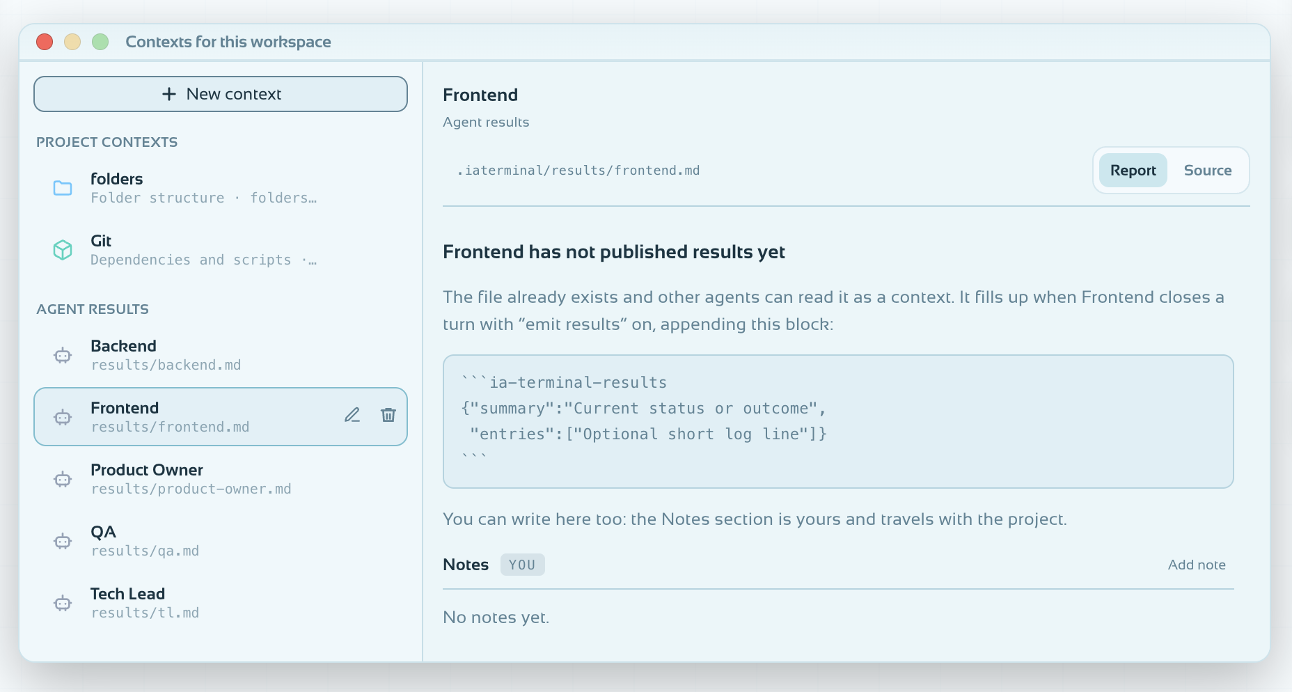Gravity's context manager showing an agent's results as a report