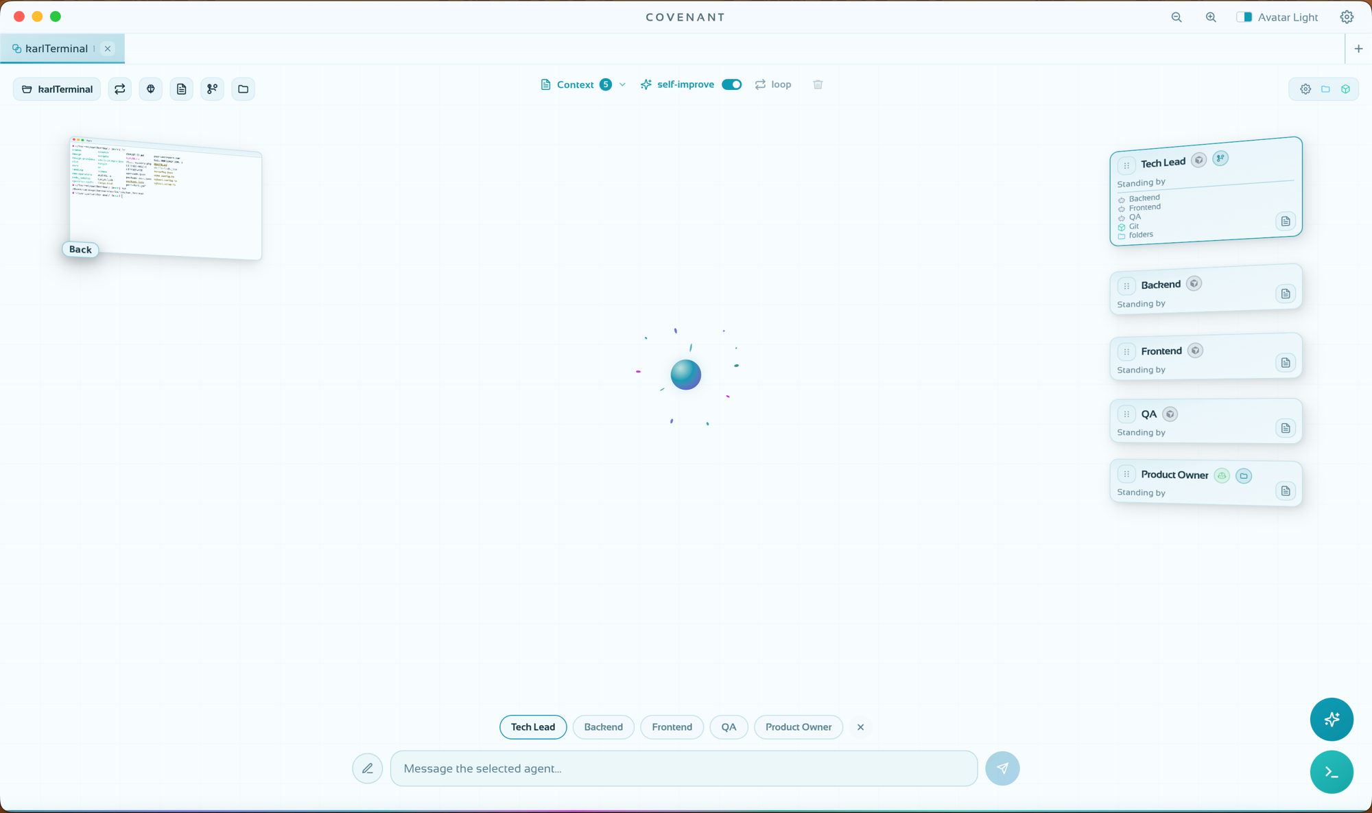 The Gravity plane: agent windows around a central composer