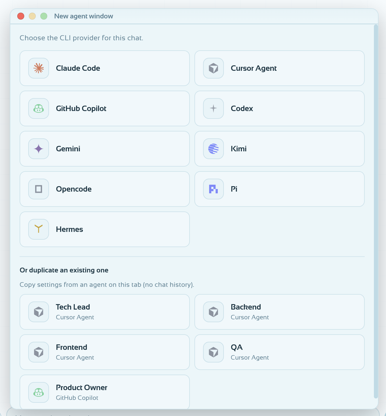 Gravity's provider picker listing nine agent CLIs